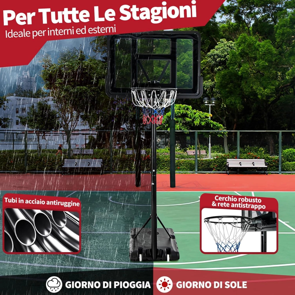Canestro da Basket Portatile per Adulti, Canestro Basket Regolabile in Altezza 1,3M-3,05M con Ruote Tabellone Infrangibile e Retina Durevole, Adatto a Interno Esterno, Nero