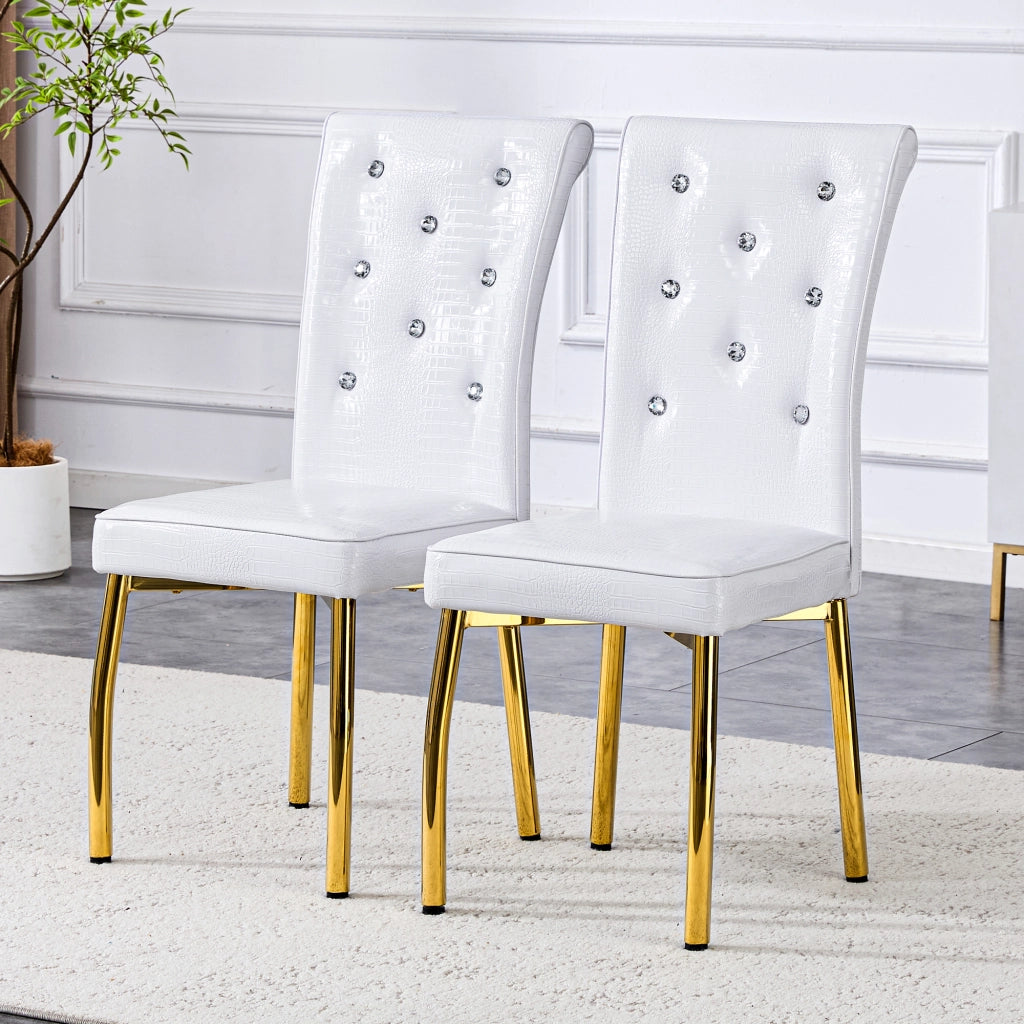 Set di 2 sedie da pranzo con schienale decorato; piedini regolabili e struttura metallica in PVC bianco e oro