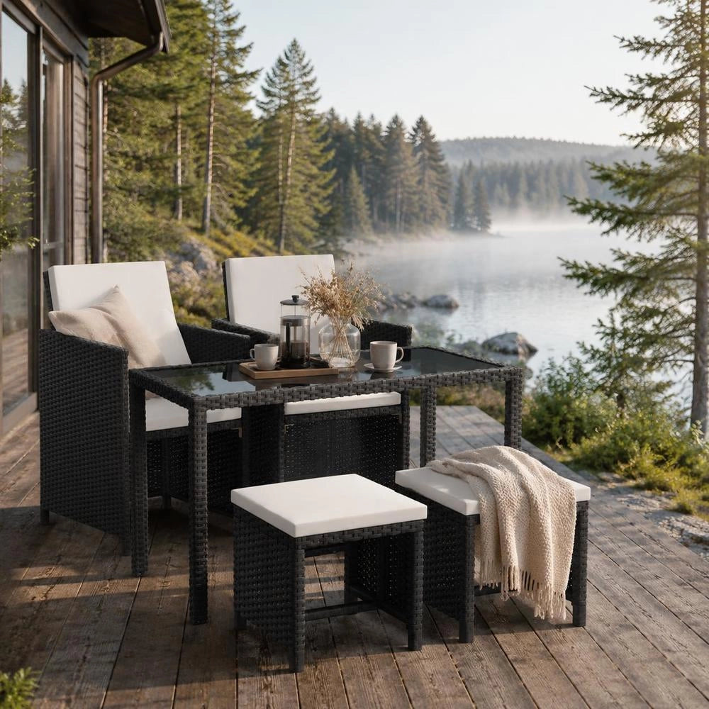 5-piece Garden Dining Set With Cushions, Poly Rattan, Black