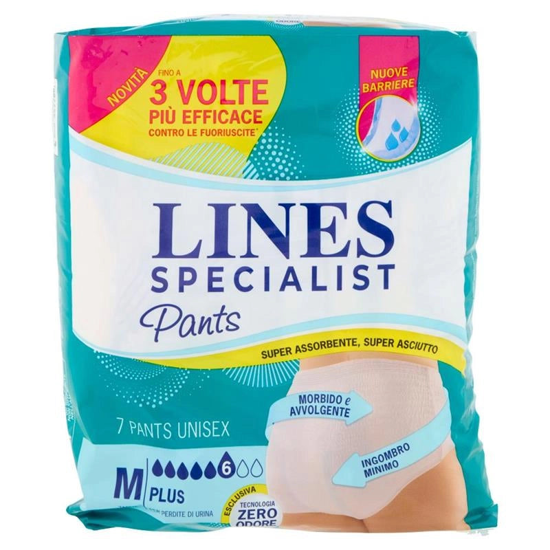 LINES SPECIALIST PANTS MUTANDINE UNISEX "M PLUS" SUPER ASSORBENTE, SUPER ASCIUTTO FINO A 3 VOLTE PIÙ EFFICACE 7PZ