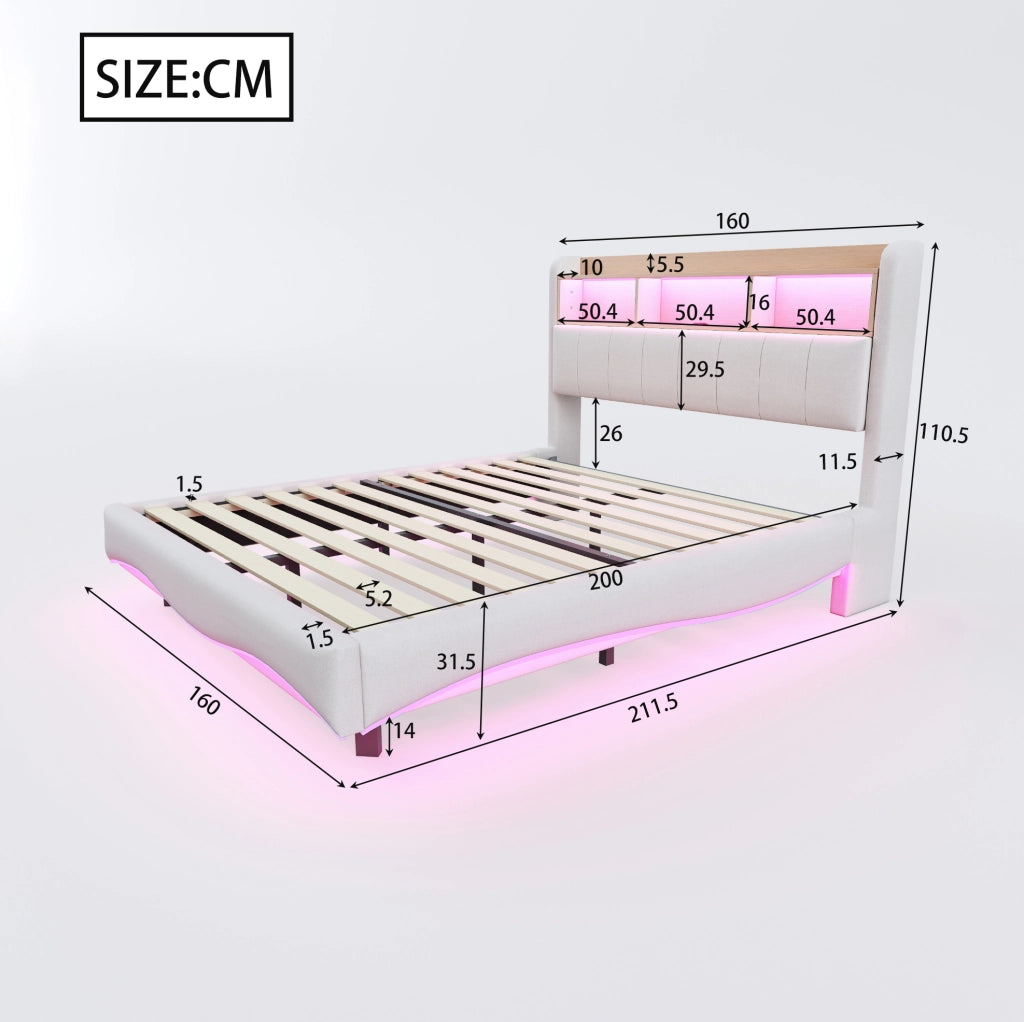 Letto imbottito 160x200 con LED, USB-C e vano contenitivo beige