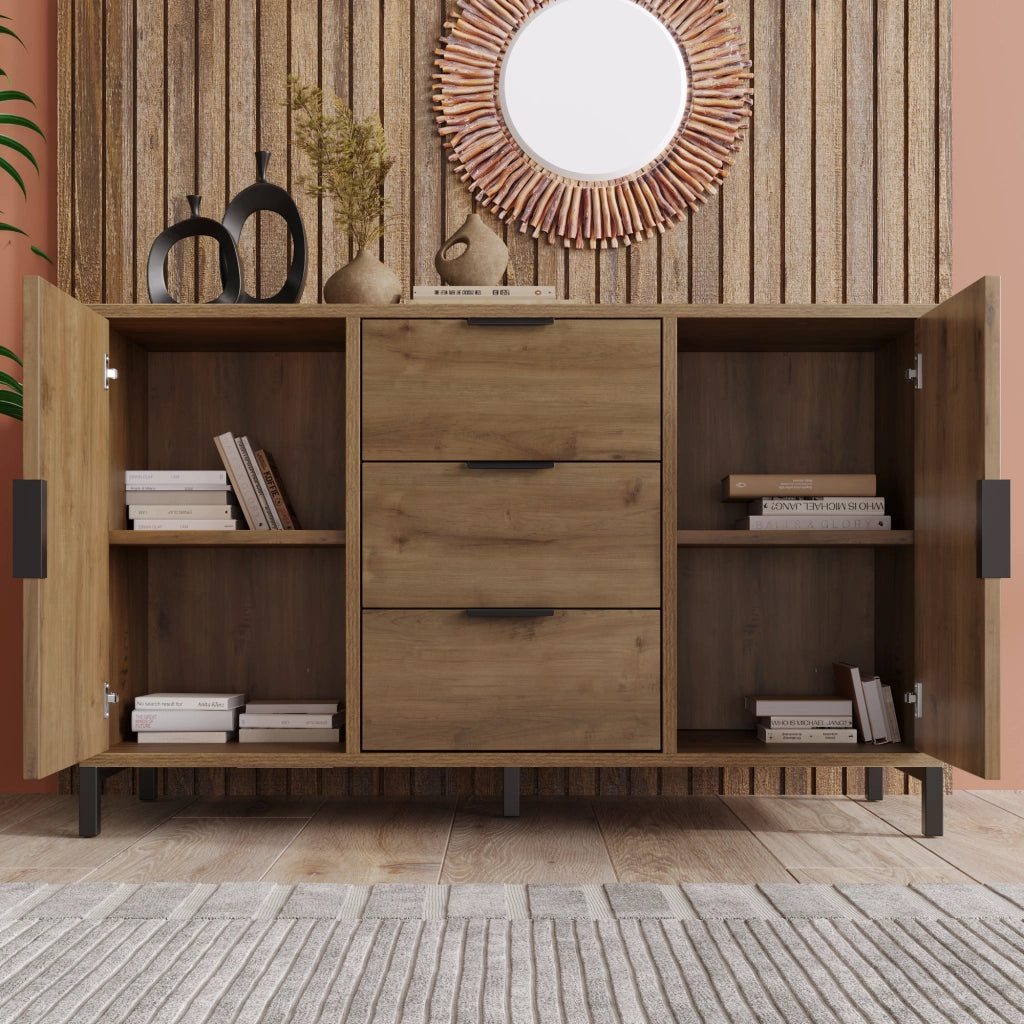 Credenza con 2 ante e 3 cassetti con ripiano regolabile, effetto rovere scuro e maniglie nere 120 × 40 × 76 cm