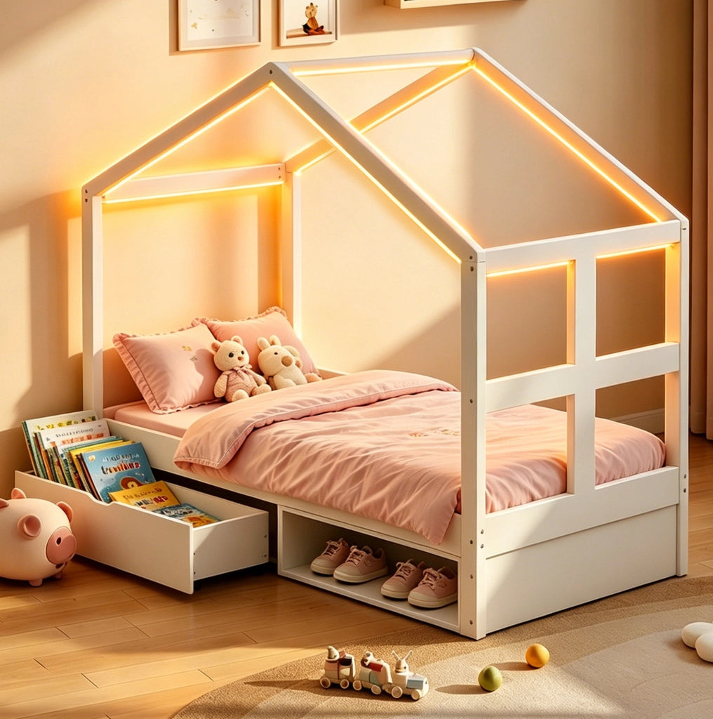 Letto a casetta 90x190 cm con cassetto; scarpiera e LED multicolore; bianco
