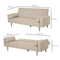 Divano Letto 3 Posti con Schienale Regolabile su 3 Livelli, 2 Cuscini e Braccioli Rimovibili, Beige, 185x84x85cm