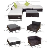 Set Giardino Esterno 6 Pezzi in Rattan PE, Salotto da Giardino con Divano Angolare e Pouf con Cuscini Lavabili, Marrone