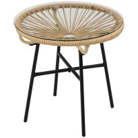 Tavolino da Giardino Rotondo Stile Boho in Rattan PE e Vetro, Ø50x50cm, Beige