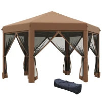 Gazebo da Giardino Pieghevole ed Esagonale con Zanzariera, in Acciaio e Poliestere, 3.2x3.2x2.7 m, Marrone