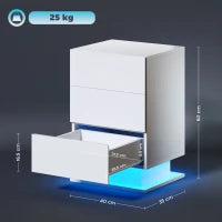 Comodino Moderno con Luce LED Regolabile con Telecomando e 3 Cassetti, 40x35x60 cm, Bianco Lucido