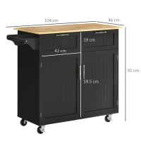 Carrello da Cucina Multiuso in Legno con 2 Cassetti, Armadietto e 4 Ruote, 104x46x91cm, Nero