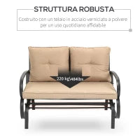 Panchina a Dondolo da Giardino per 2 Persone con Cuscini per Seduta e Schienale, 122x70x87cm, Khaki
