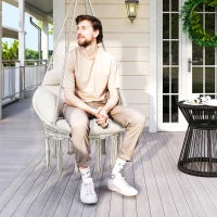 Poltrona Sospesa in Stile Boho con Cuscino, in Acciaio, Cotone e Poliestere, 80x60x40 cm, Bianco Crema