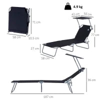 Lettino Prendisole da Giardino Pieghevole e Regolabile con Tettuccio in Tessuto Nero, 187x58x50 cm