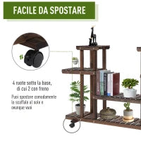 Scaffale Portafiori a 4 Livelli, Fioriera da Esterno e Interno in Legno con 4 Ruote, 123.5 x 33 x 80cm