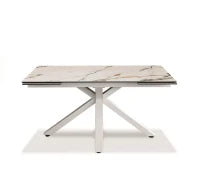 E-STYLO Tavolo allungabile con top in ceramica marmo bianco calacatta e vetro temperato, gambe in metallo verniciato bianco, 90cm X 160 / 240cm H. 76cm.