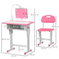 Set Scrivania e Sedia per Bambini 6-12 Anni ad Altezza Regolabili, Banco Scuola con Lampada, Cassetto, Gancio, Portapenne e Leggio, Set Banco con Sedia per Bambini in Acciaio e MDF, Rosa