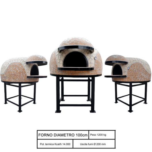 Forno legna artigianale mosaico cotto beige linea wave diametro 100 con base