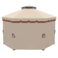 Gazebo da Giardino 4x4m Esagonale con Doppio Tetto e Tende Laterali Rimovibili, Marrone