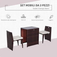 Set 2 Pezzi Mobili da Giardino in Rattan Salvaspazio con 1 Tavolo e 2 Sedie con Cuscini, Marrone e Beige