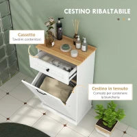 Mobiletto Bagno in Legno con Cesto Portabiancheria in Tessuto Ribaltabile e Cassetto, Bianco