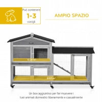 Conigliera a 2 Livelli con Rete Protettiva e Rotelle in Legno e Metallo, 157.4x53x99.5 cm, Grigio