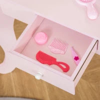 Tavolo Trucco per Bambini con Sgabello in Legno, Toeletta con Specchio e Cassetto, 60x36x88cm, Rosa