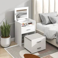 Tavolo da Trucco in Legno con Specchio Ribaltabile, 2 Cassetti e Sgabello, 50x40x113.5 cm, Bianco