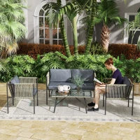 Set Salotto da Giardino in Rattan con 2 Poltrone, Divanetto 2 Posti e Tavolino da Caffè in Vetro, Grigio