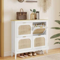 Mobile Scarpiera per 20 Paia di Scarpe con 4 Cassetti Ribaltabili in Legno e Rattan, 105x24x95,5 cm, Bianco