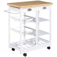 Carrello da Cucina Multiuso con 2 Cassetti, 2 Ripiani e 2 Cesti, in Legno di Pino, 74x37x76 cm, Bianco