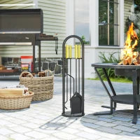 Set Utensili per Camino di 5 Pezzi in Metallo con Scopa Paletta Pinze Attizzatoio e Supporto 20x20x71 cm Dorato