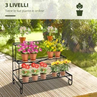 Portapiante in Ferro Battuto, Scaletta Porta Vasi da Esterno a 3 Livelli, Nero