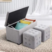 Panca Portaoggetti Set di 3 Pezzi con 2 Sgabelli Pouf in Velluto, Grigio Perla
