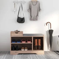 Panca Scarpiera Moderna con 3 Ripiani Aperti e Cassetti, in Legno, Poliestere e Spugna, 76.5x30x52 cm, Grigio