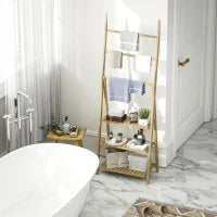 Scaffale Bagno 3 Ripiani con Porta Asciugamani a 3 Barre, Autoportante e Pieghevole in Legno di Bambù