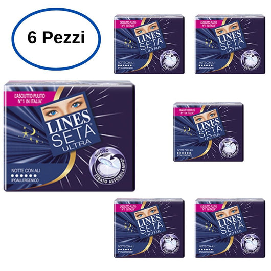 Assorbenti lines seta ultra notte con ali flussi intensi confezione da 6 pezzi da 10 assorbenti