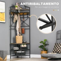 Appendiabiti da Terra Angolare con Panca e Scarpiera in Stile Industriale, 50x50x183cm, Marrone