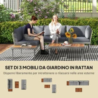 Set da Esterno 3 Pezzi con 2 Divanetti 2 Posti e Tavolino Basso, in Rattan e Acciaio Grigio e color Legno
