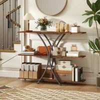 Consolle con 2 ripiani aperti e struttura metallica a X Stile industriale, Marrone Rustico