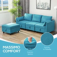 Divano Componibile Modulare 3 Posti con Pouf Poggiapiedi e Cuscini, Rivestimento in Flanella, Blu