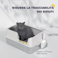 Lettiera per Gatti con Bordi Rialzati, Vassoio e Paletta, in Acciaio Inox e PP, 60x40x28 cm, Grigio Chiaro