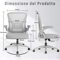 Sedia Ufficio Bracciolo Regolabile - RATTANTREE - con Supporto Lombare, Schienale Reclinabile 105°, Grigio
