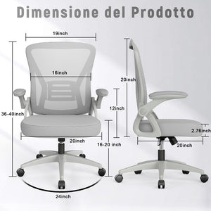 Sedia Ufficio Bracciolo Regolabile - RATTANTREE - con Supporto Lombare, Schienale Reclinabile 105°, Grigio
