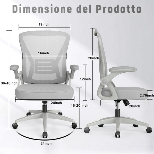 Sedia Ufficio Bracciolo Regolabile - RATTANTREE - con Supporto Lombare, Schienale Reclinabile 105°, Grigio