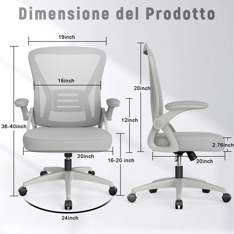 Sedia Ufficio Bracciolo Regolabile - RATTANTREE - con Supporto Lombare, Schienale Reclinabile 105°, Grigio