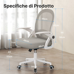 Sedia Ufficio con Supporto Lombare - RATTANTREE - Sedia Ufficio da Scrivania ergonomica Braccioli 90° Regolabile - Grigio