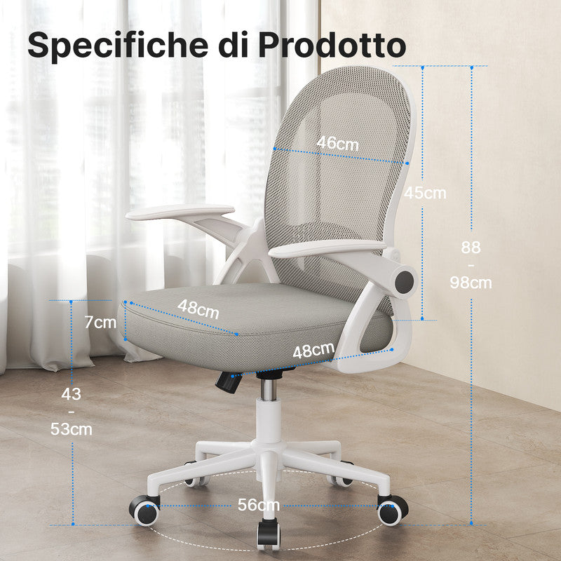 Sedia Ufficio con Supporto Lombare - RATTANTREE - Sedia Ufficio da Scrivania ergonomica Braccioli 90° Regolabile - Grigio