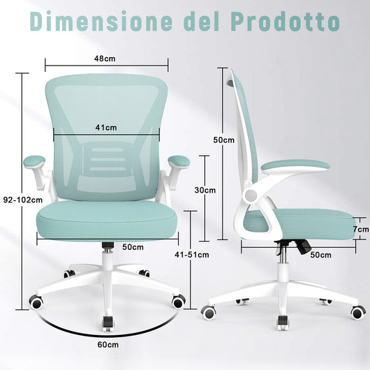 Sedia Ufficio Bracciolo Regolabile - RATTANTREE - con Supporto Lombare, Schienale Reclinabile 105°, Verde