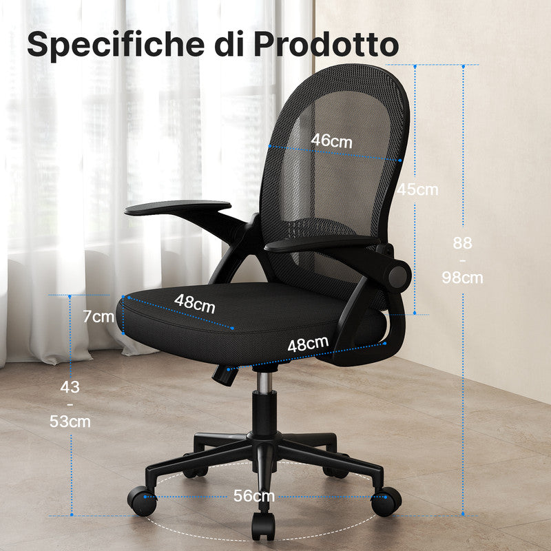 Sedia Ufficio con Supporto Lombare - RATTANTREE - Sedia Ufficio da Scrivania ergonomica Braccioli 90° Regolabile - Nero