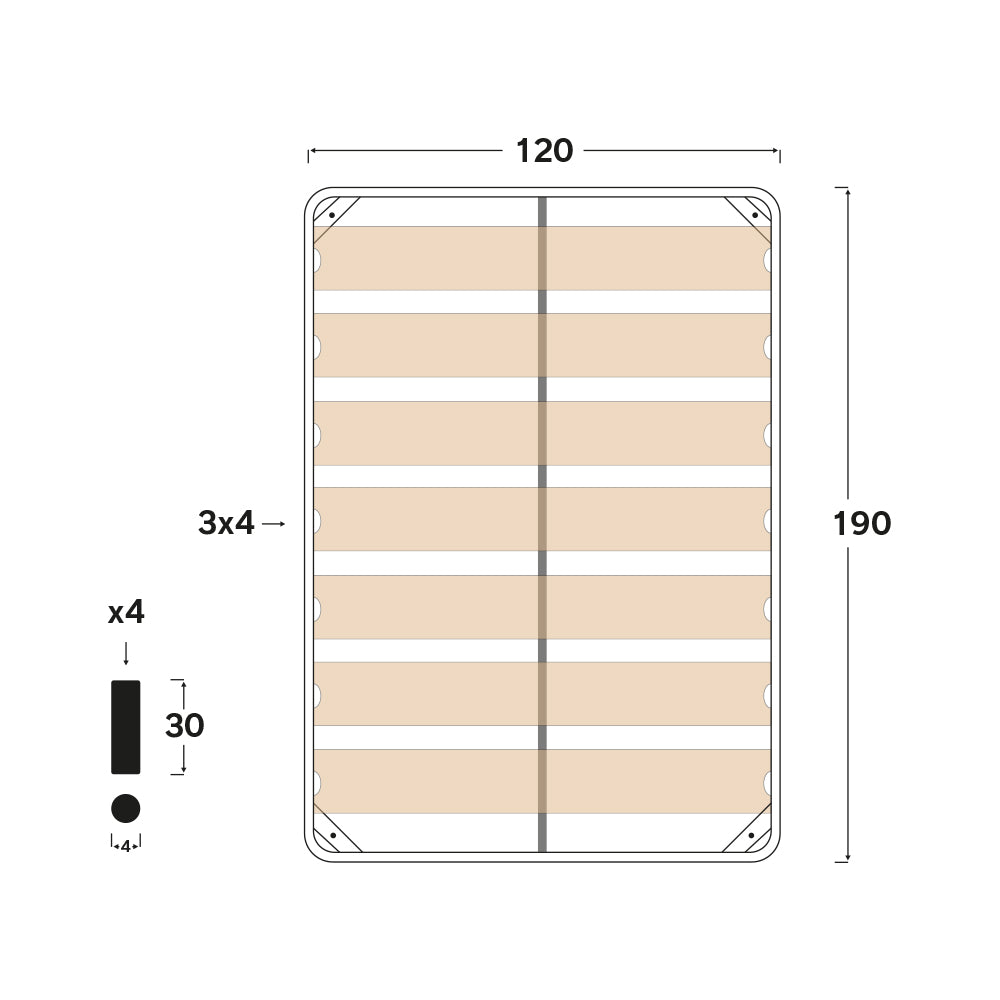 Rete ortopedica 120X190 7 doghe in betulla con 4 piedi |100% MADE IN ITALY| struttura in acciaio con angoli anti infortunistici e anti cigolio, altezza 34 cm