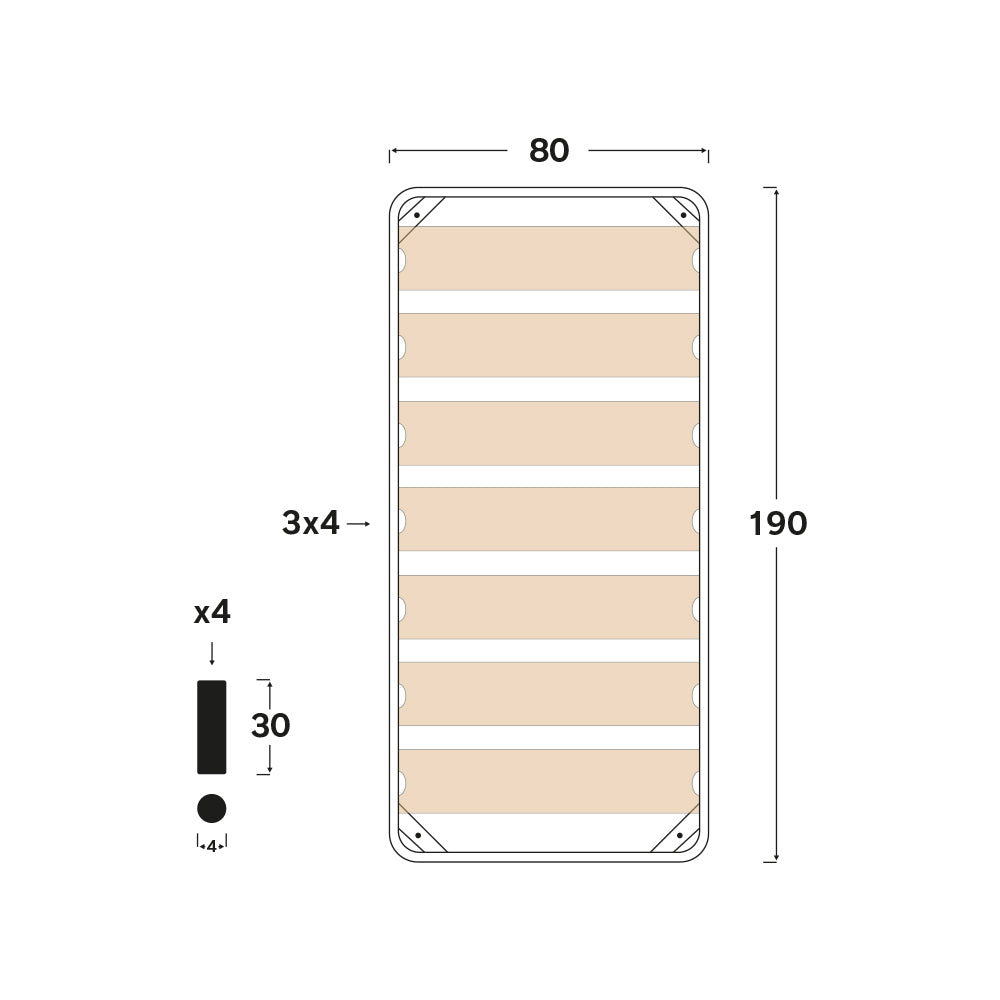 Rete ortopedica 80X190 7 doghe in betulla con 4 piedi |100% MADE IN ITALY| struttura in acciaio con angoli anti infortunistici e anti cigolio, altezza 34 cm